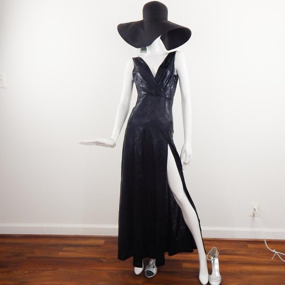 Maxi Dress Black ANIMAL SNAKE PRINT FOIL Sleeveless Slit V Neckline - Picture 6 of 9